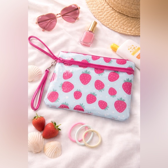 Handbags - 🍓Strawberry Print Wristlet Cosmetic Pouch Clutch Baby Blue and Pink